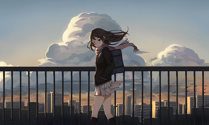 personnage d'anime féminin aux cheveux noirs, Shibuya Rin, cheveux longs, écharpe, uniforme scolaire, jupe, vent, ville, nuages, oiseaux, filles anime, anime, écolière, Fond d'écran HD